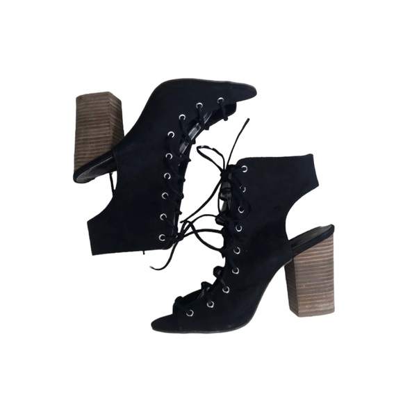 Carlos Santana Jolene Lace-Up Stacked Heel Black Size 8 Peep Toe Suede Fabric - Picture 2 of 7